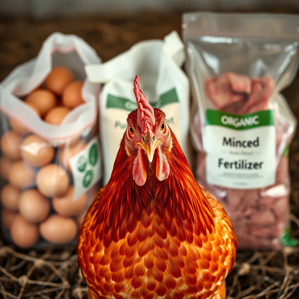 A realistic vertical image of a red laying hen prominently displayed in the foreground