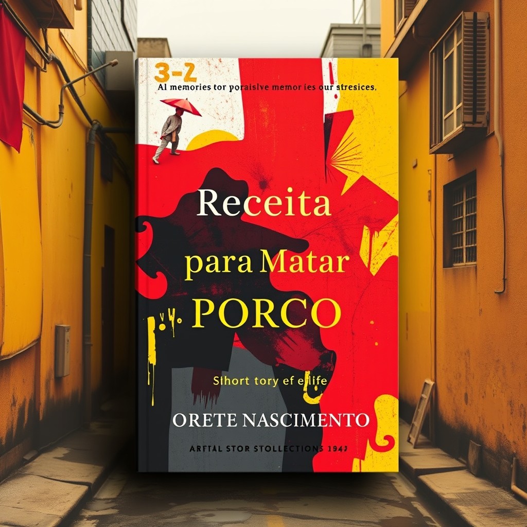 A realistic book cover for the short story collection 'Receita para Matar Porco' by Orete Nascimento, emphasizing bold shades of red and yellow