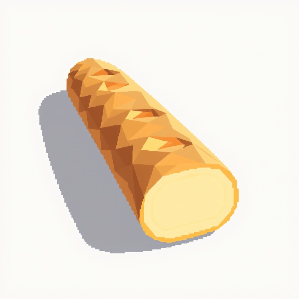 A low poly baguette rendered in pixel art style, designed with a resolution of 128x128 pixels