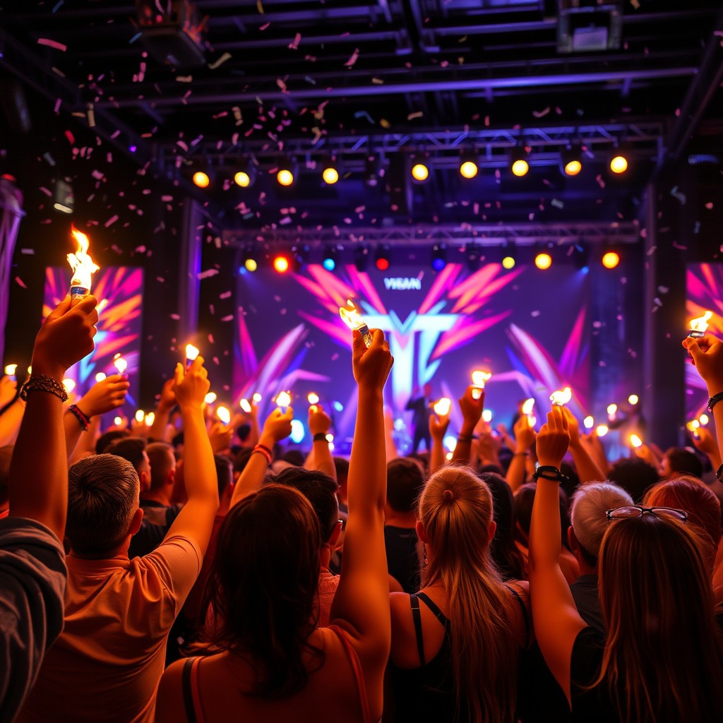 A vibrant concert scene featuring a diverse group of people enjoying the performance, all holding up lighters illuminated with flames