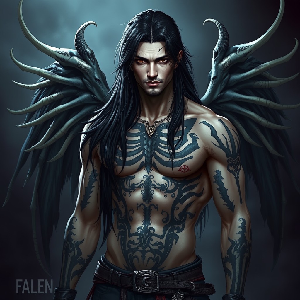 A handsome and edgy Fallen Aasimar character standing confidently without armor