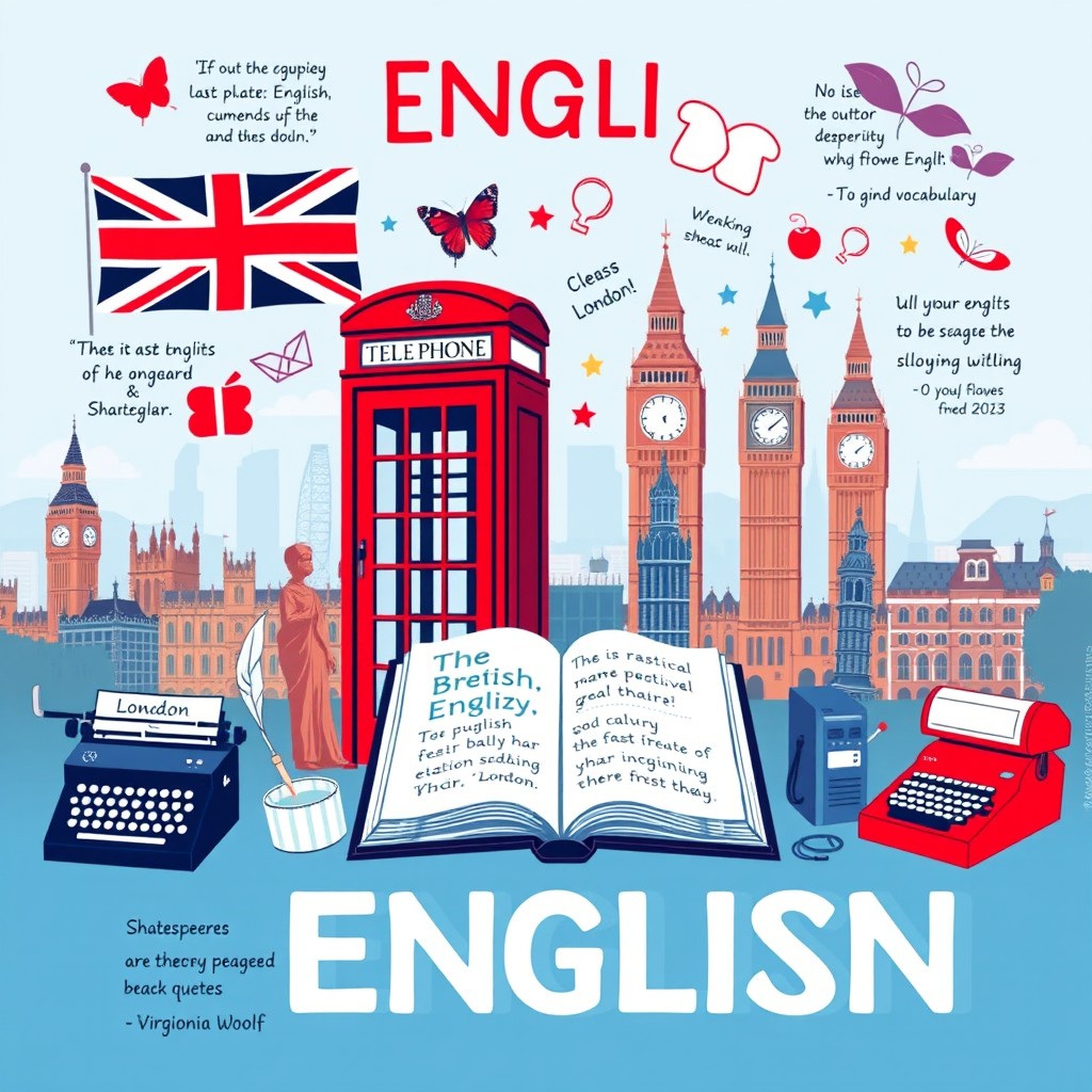 A vibrant and educational poster design featuring various symbols associated with the English language, cultural references, and famous landmarks