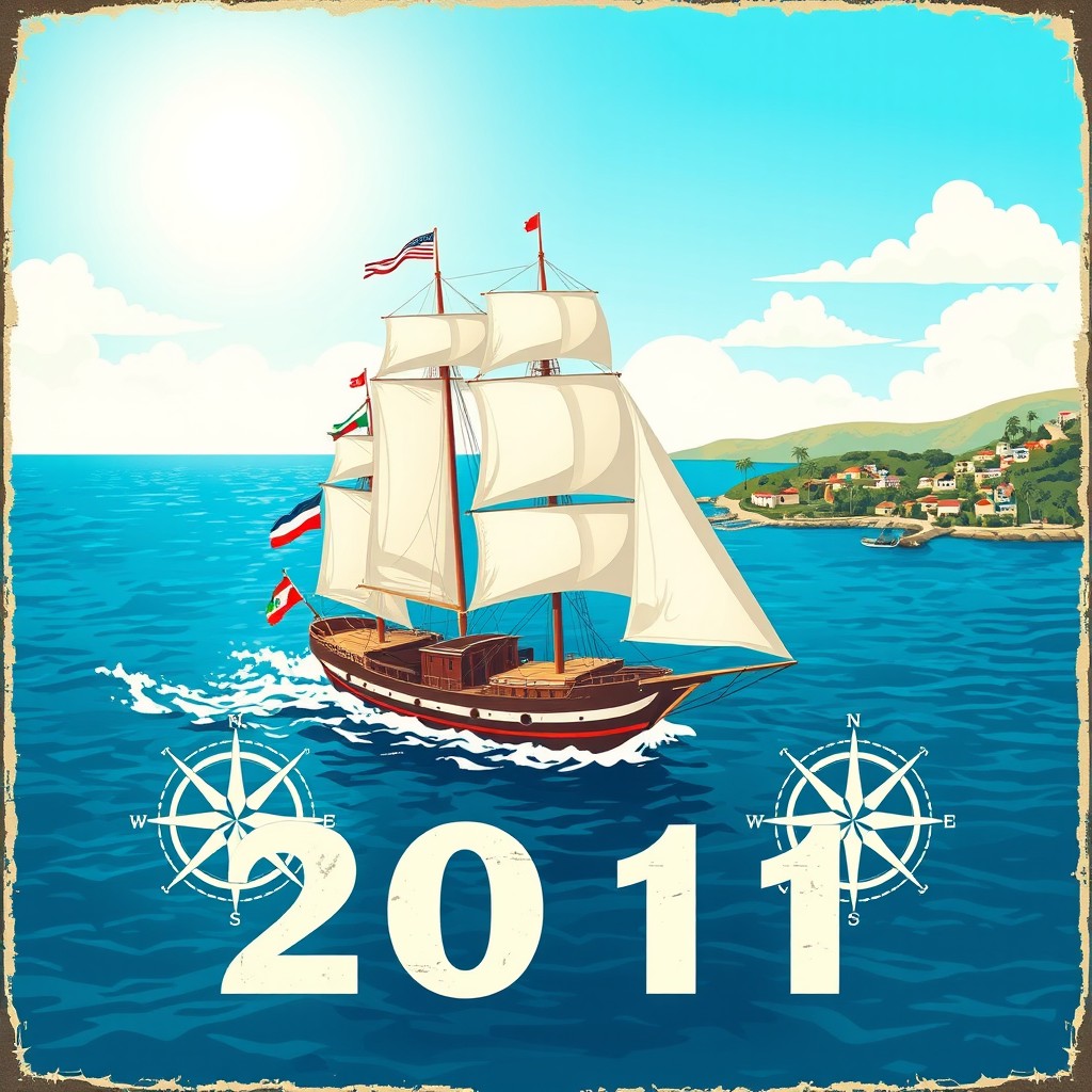 An evocative scene capturing the essence of a journey taken in 2011, featuring a vintage-inspired travel poster style