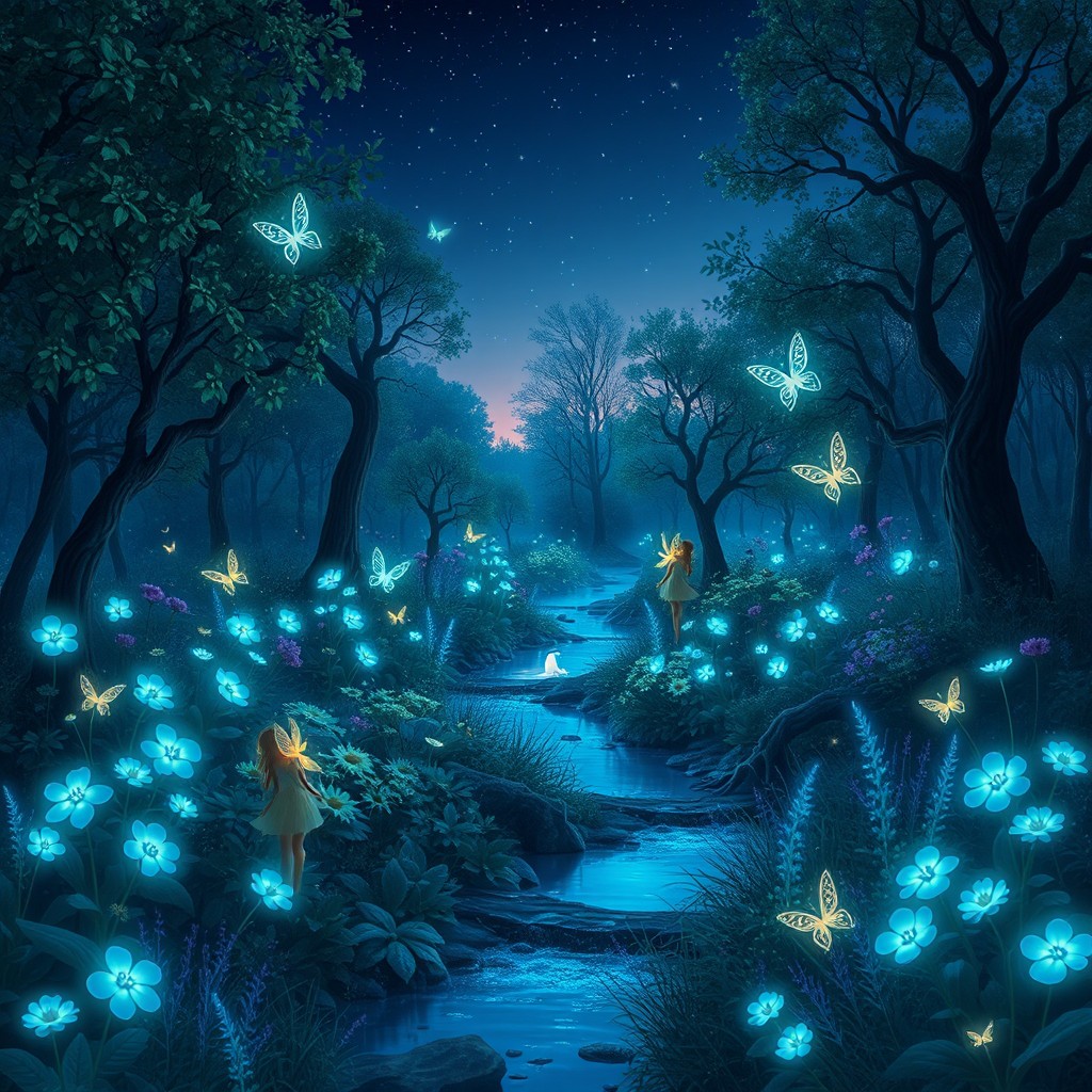 A dreamlike landscape featuring a magical forest filled with bioluminescent plants and flowers, glowing softly in shades of blue and green