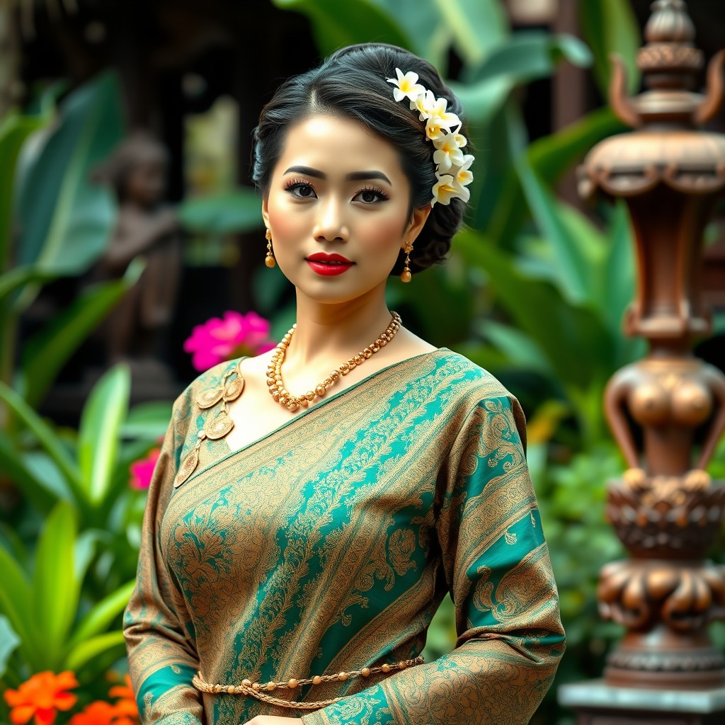 A beautiful woman wearing a traditional Javanese royal kemben, characterized by intricate batik patterns