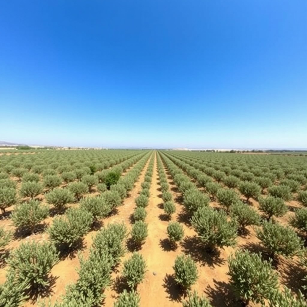An aerial view showcasing orderly rows of olive trees, with clearly defined spacing between the rows (3 meters apart) and between each tree (1