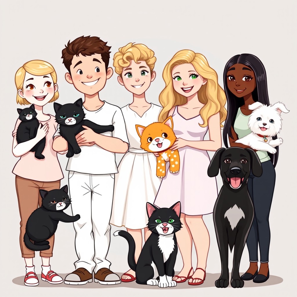 Cartoon style drawing of five diverse young gemology students standing together with their pets, each displaying a unique character