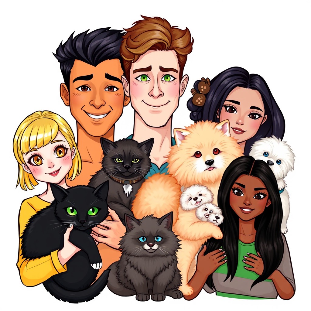 A vibrant and colorful illustration featuring five diverse individuals, each with their distinct pets