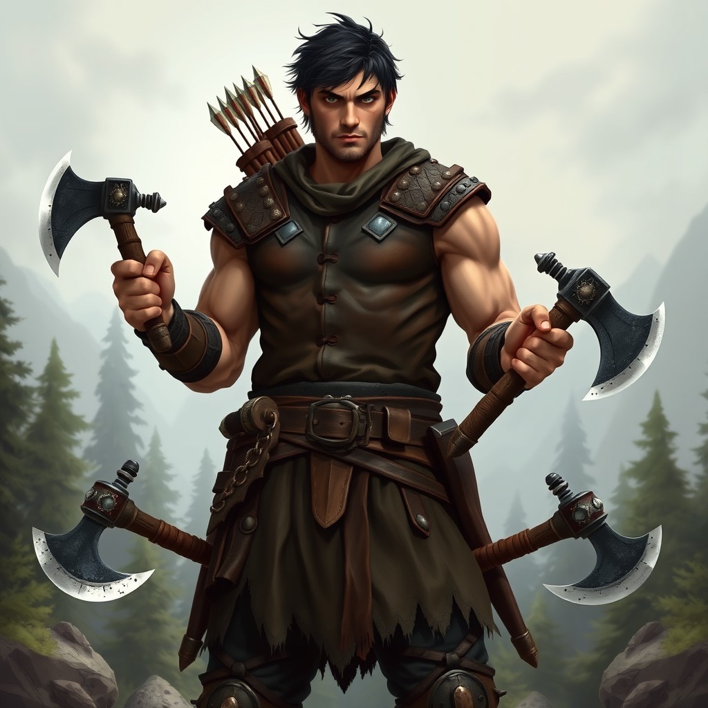 A tall human male barbarian-ranger standing confidently, towering at 6'5'', with a heavily muscled physique