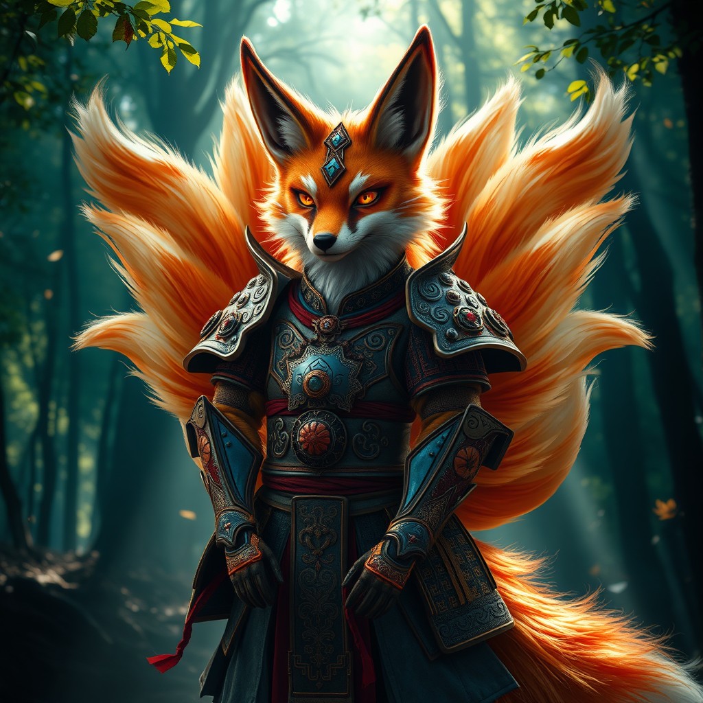 A powerful and striking dominant kitsune, featuring a majestic fox-like humanoid figure with nine elegant tails that flow gracefully behind them