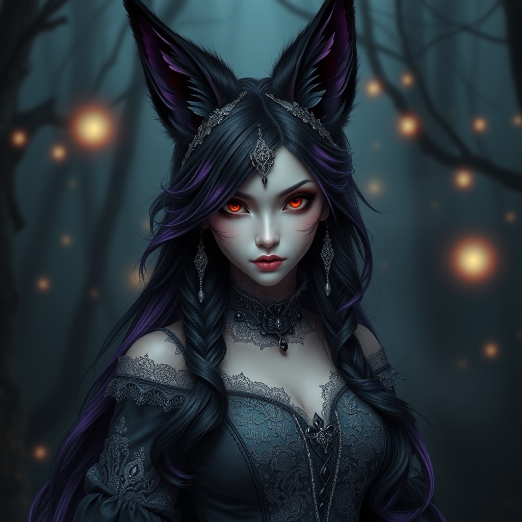 A captivating female gothic kitsune, featuring a mystical fox-like humanoid with striking characteristics