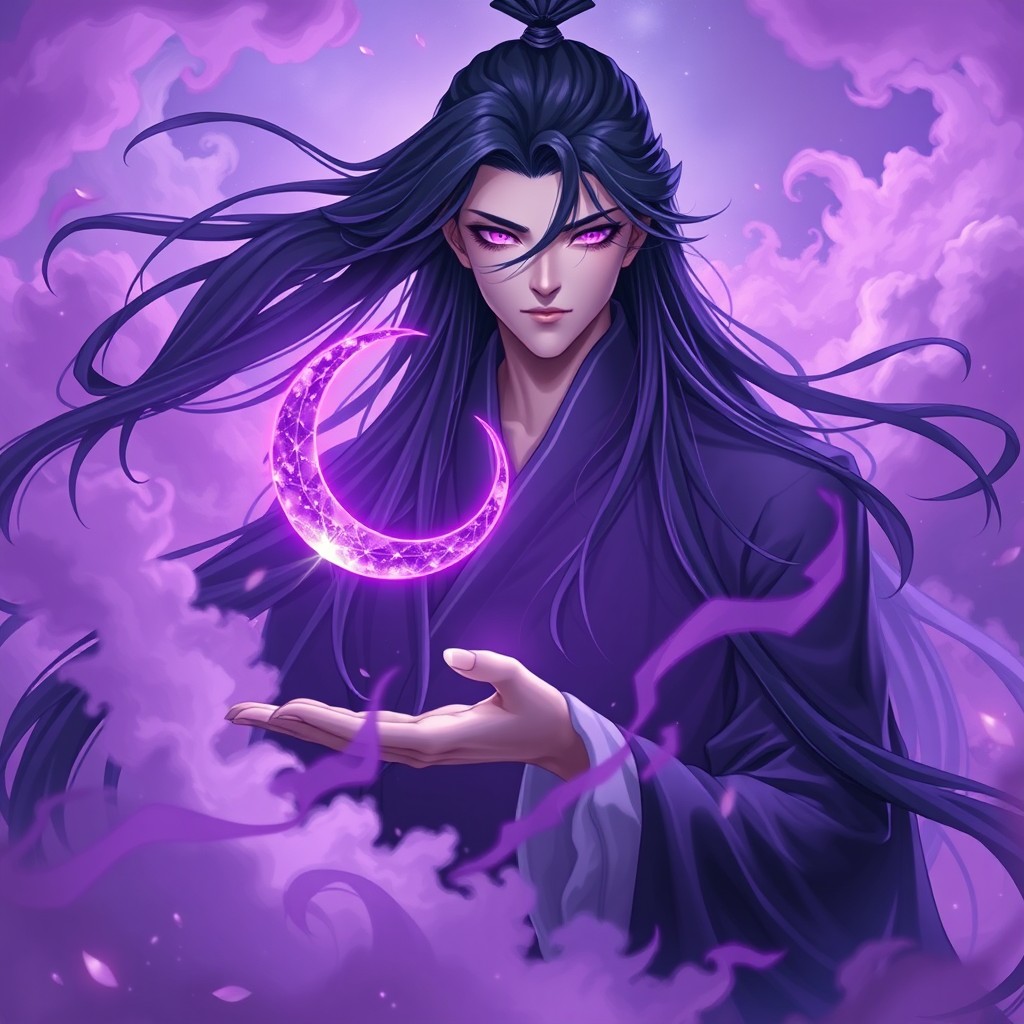 A majestic xianxia cultivator standing gracefully among ethereal purple dream-like clouds