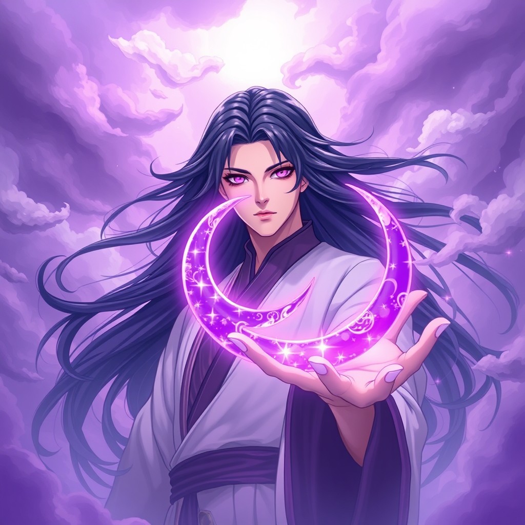 A xianxia cultivator standing majestically among ethereal purple dream-like clouds, with flowing black hair and striking purple eyes