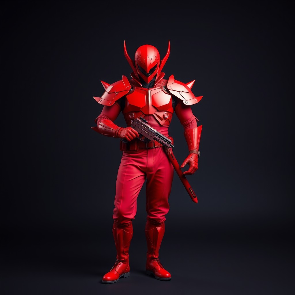A striking character clad entirely in red, embodying a fierce and formidable presence