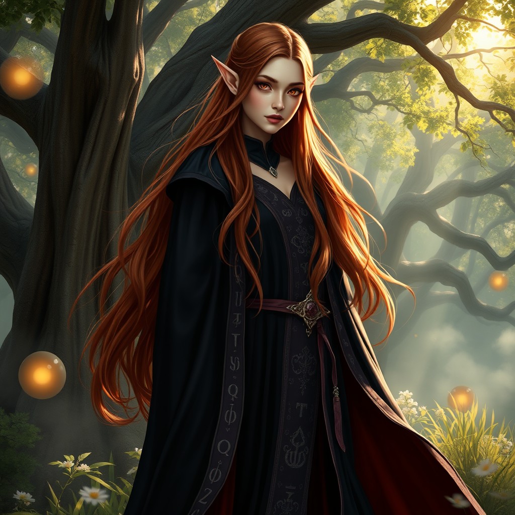 A stunning female high elf with long, flowing auburn hair and captivating amber eyes, adorned in dark black and deep auburn witch robes that sweep elegantly to the ground