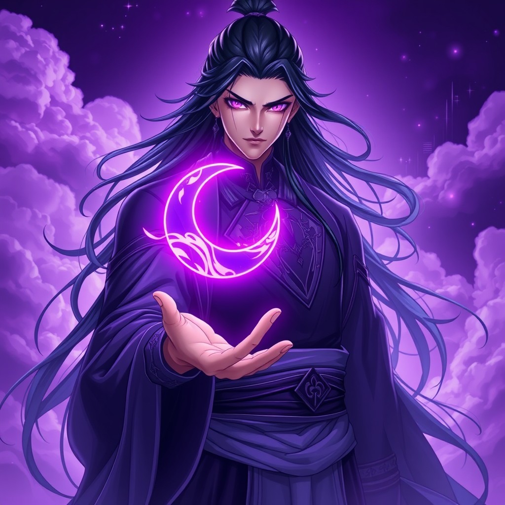 A powerful xianxia cultivator standing majestically among ethereal, dream-like purple clouds