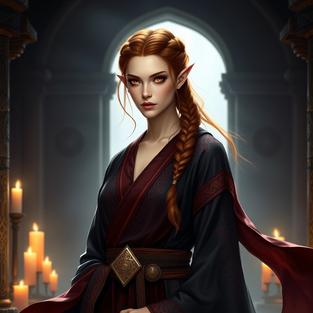 A graceful female high elf with intricate auburn hair styled in elegant braids, showcasing her striking amber eyes