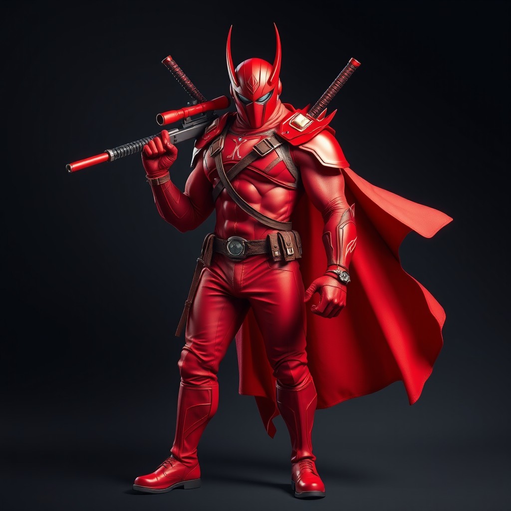 A striking and imposing character entirely dressed in varying shades of red, emanating a fierce aura