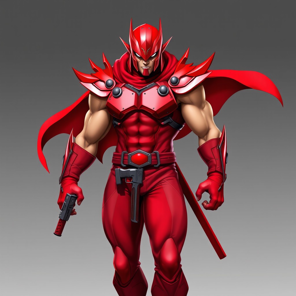 A fierce and striking character draped in various shades of red, exuding confidence and power