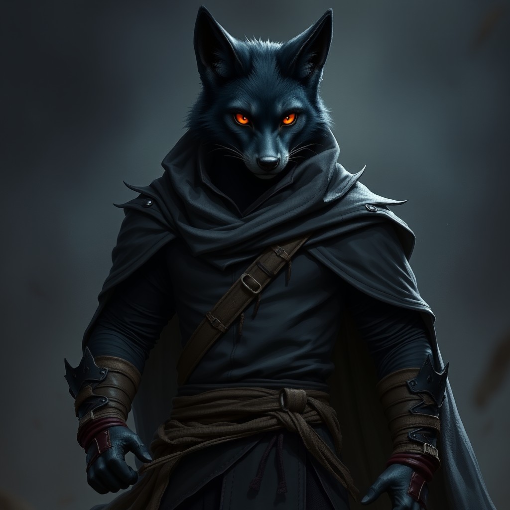 A tall and fit adult black werefox, portrayed in a serious battle stance that captures his readiness and strength
