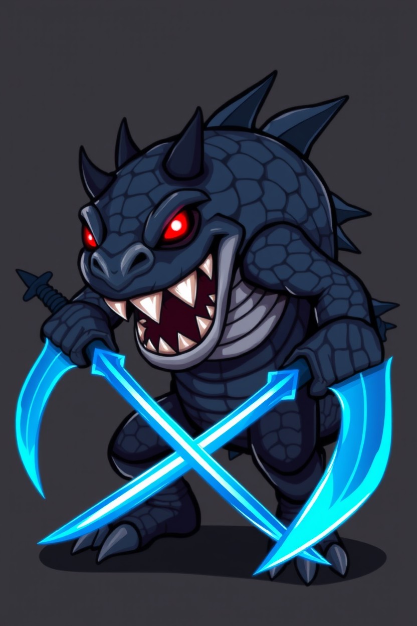 A fantasy orca-like humanoid monster with dark gray-blue scaly skin and sharp black spikes on the shoulders, arms, and back