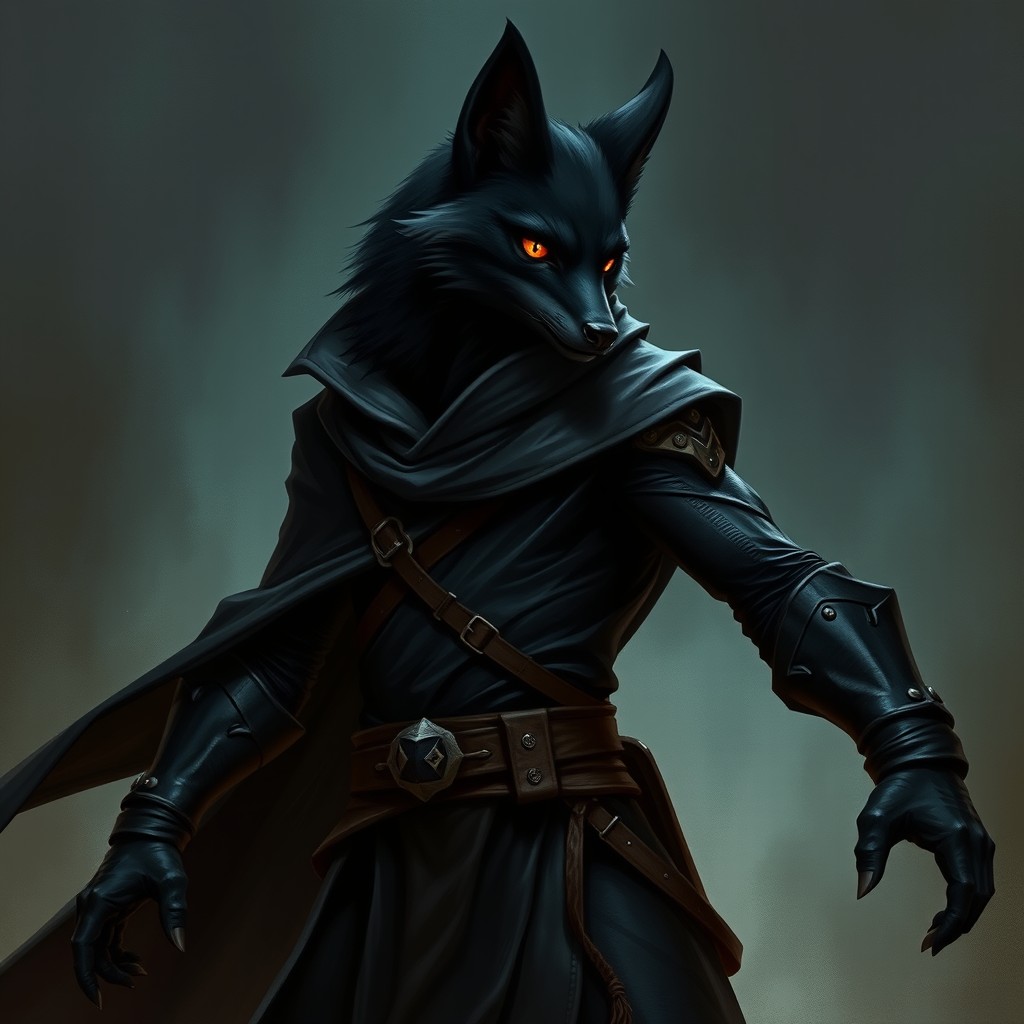 A tall and fit adult black werefox, depicted in a serious battle stance that conveys a sense of readiness and determination