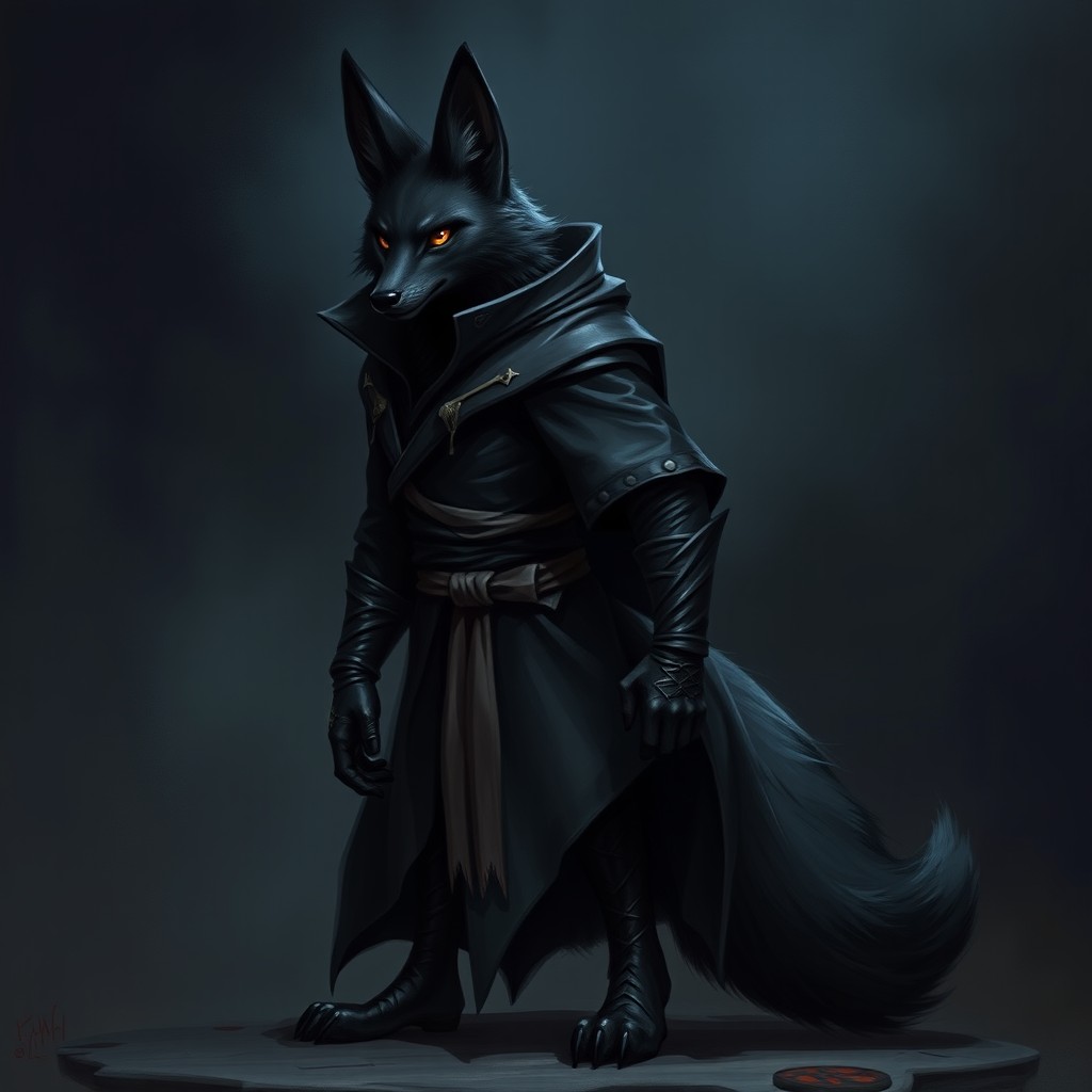 An adult black werefox characterized as a rogue, standing tall and fit in a serious battle stance that conveys focus and determination