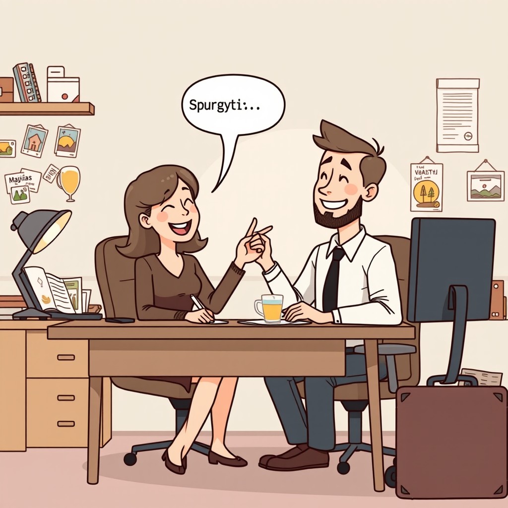 A cartoon office scene inspired by The Office TV show, featuring minimal line art and muted pastel colors