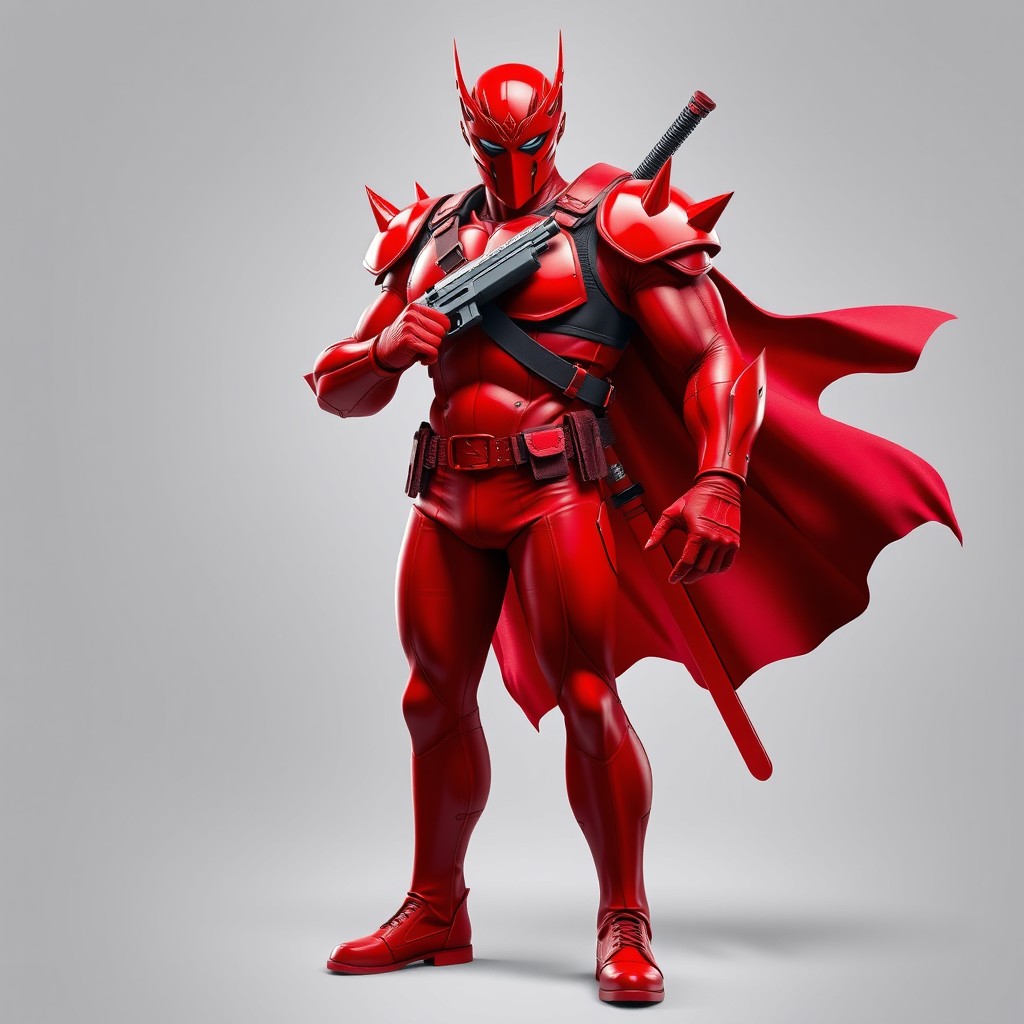An imposing and dynamic character fully dressed in a vivid red color scheme, radiating power and intensity