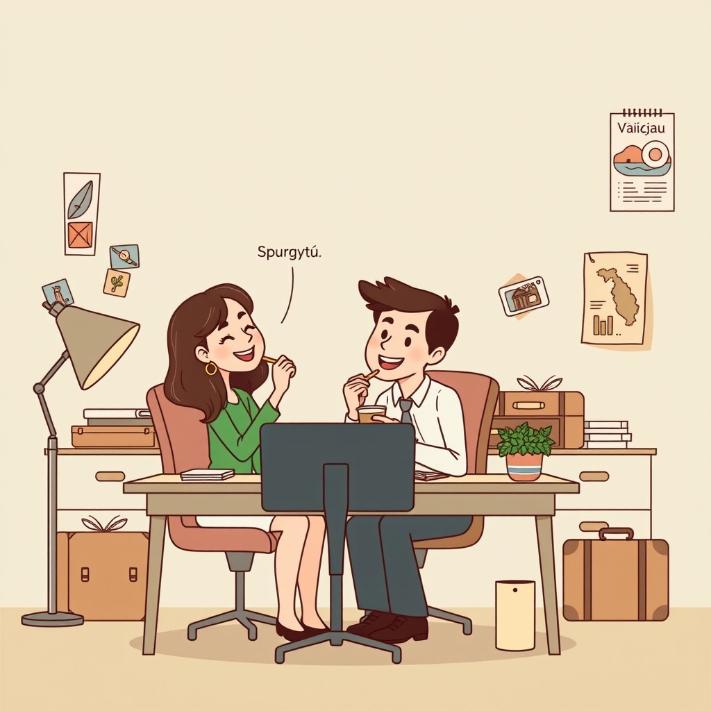 A cartoon office scene inspired by The Office TV show, featuring minimal line art and muted pastel colors