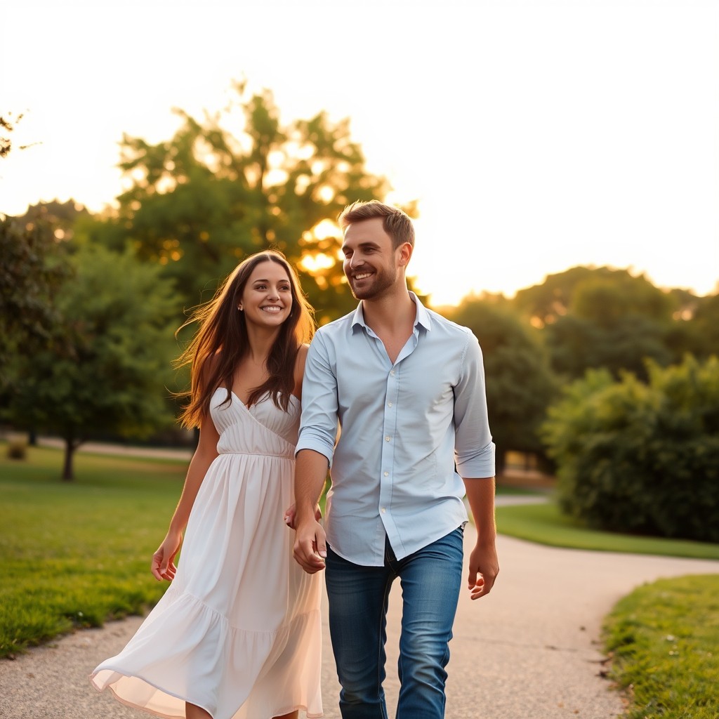 A couple walking hand in hand in a beautiful park during sunset