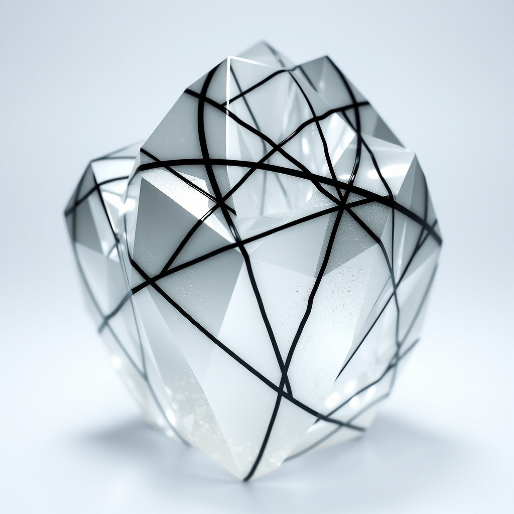 A mesmerizing crystal formation with a sleek silver finish, exuding a polished and lustrous appearance