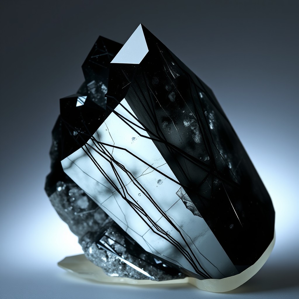 An elegant crystal formation that is predominantly black, showcasing a rich, deep color with a glossy finish