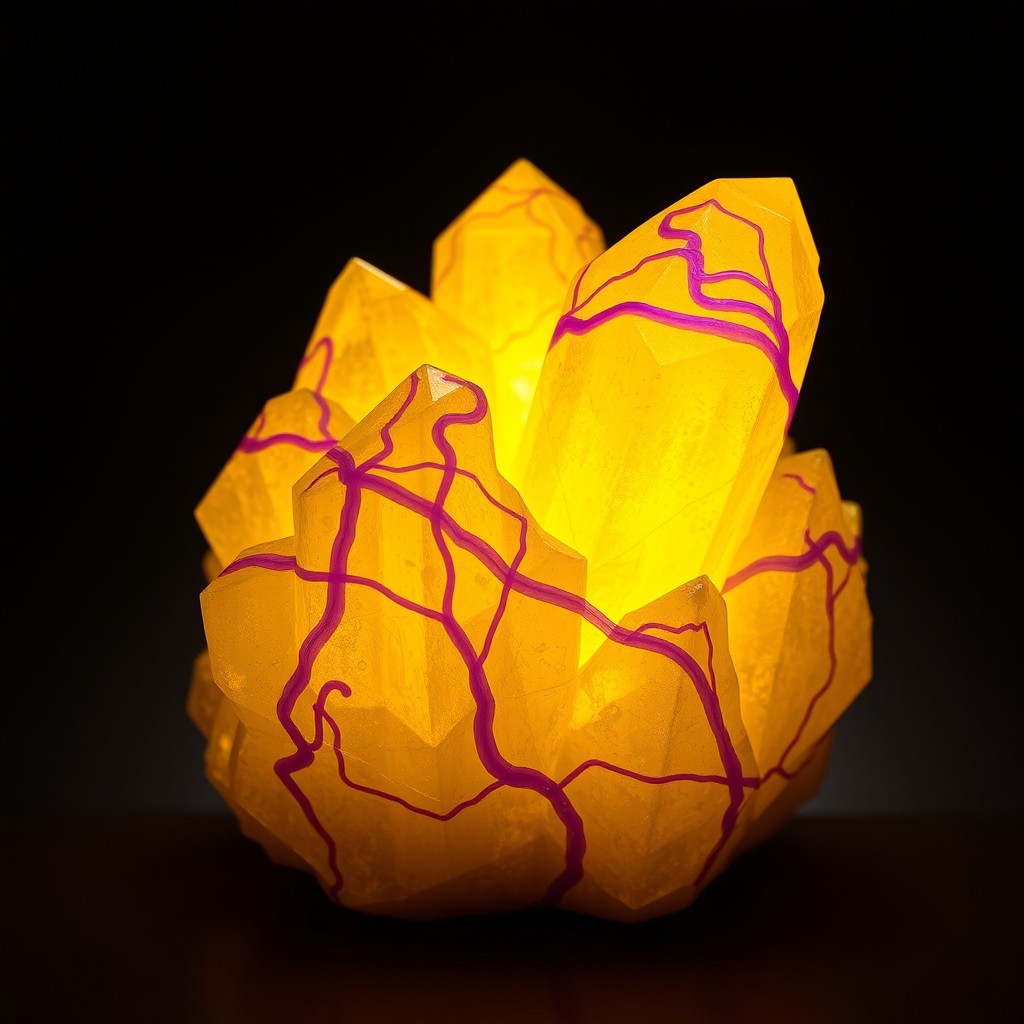 A stunning crystal formation that glows with a bright yellow color, exuding warmth and energy