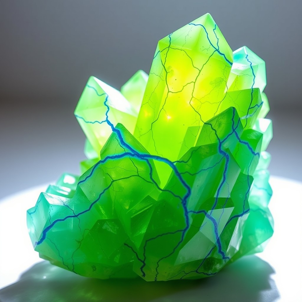 A mesmerizing crystal formation showcasing a vibrant green color that radiates a sense of freshness and vitality