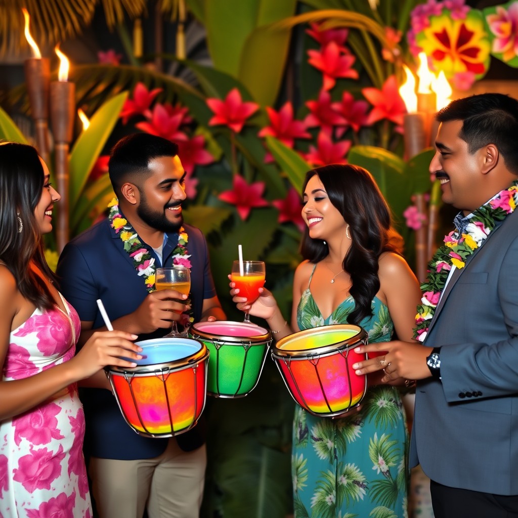 A vibrant Tahitian soirée scene featuring elegant guests holding colorful timbales in their hands