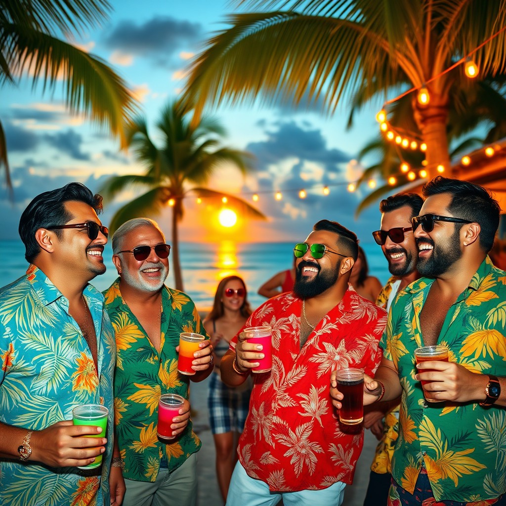 A vibrant Tahiti soirée scene featuring a group of stylish gangsters, dressed in colorful tropical shirts and sunglasses, holding colorful cups in their hands