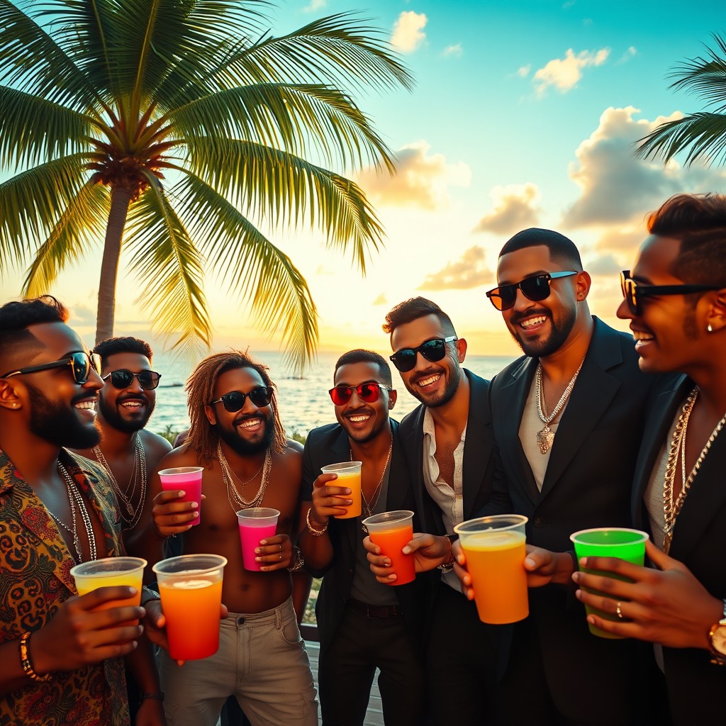 A vibrant soirée in Tahiti featuring a group of stylish gangsters, dressed in slick outfits, enjoying a lively atmosphere