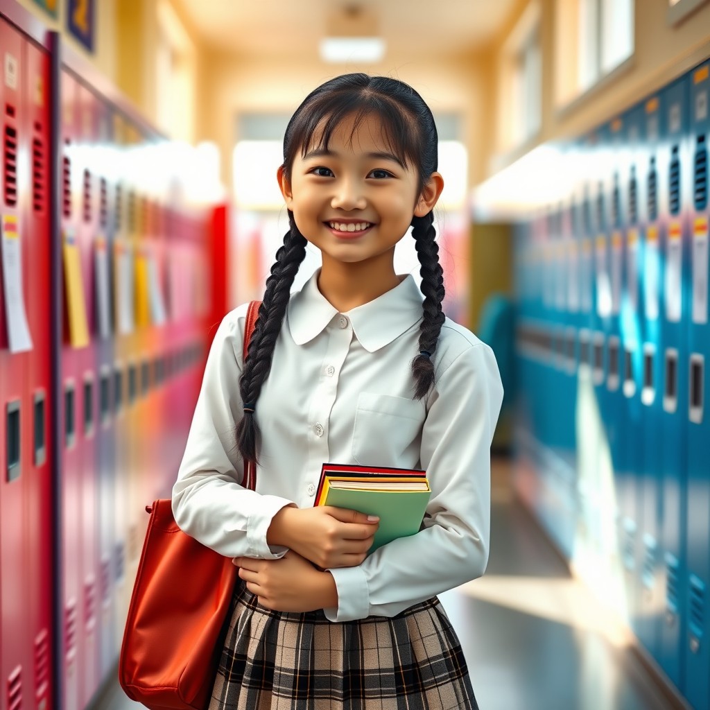 A charming Asian school girl, with long black hair styled in twin braids, wearing a crisp white blouse and a plaid skirt