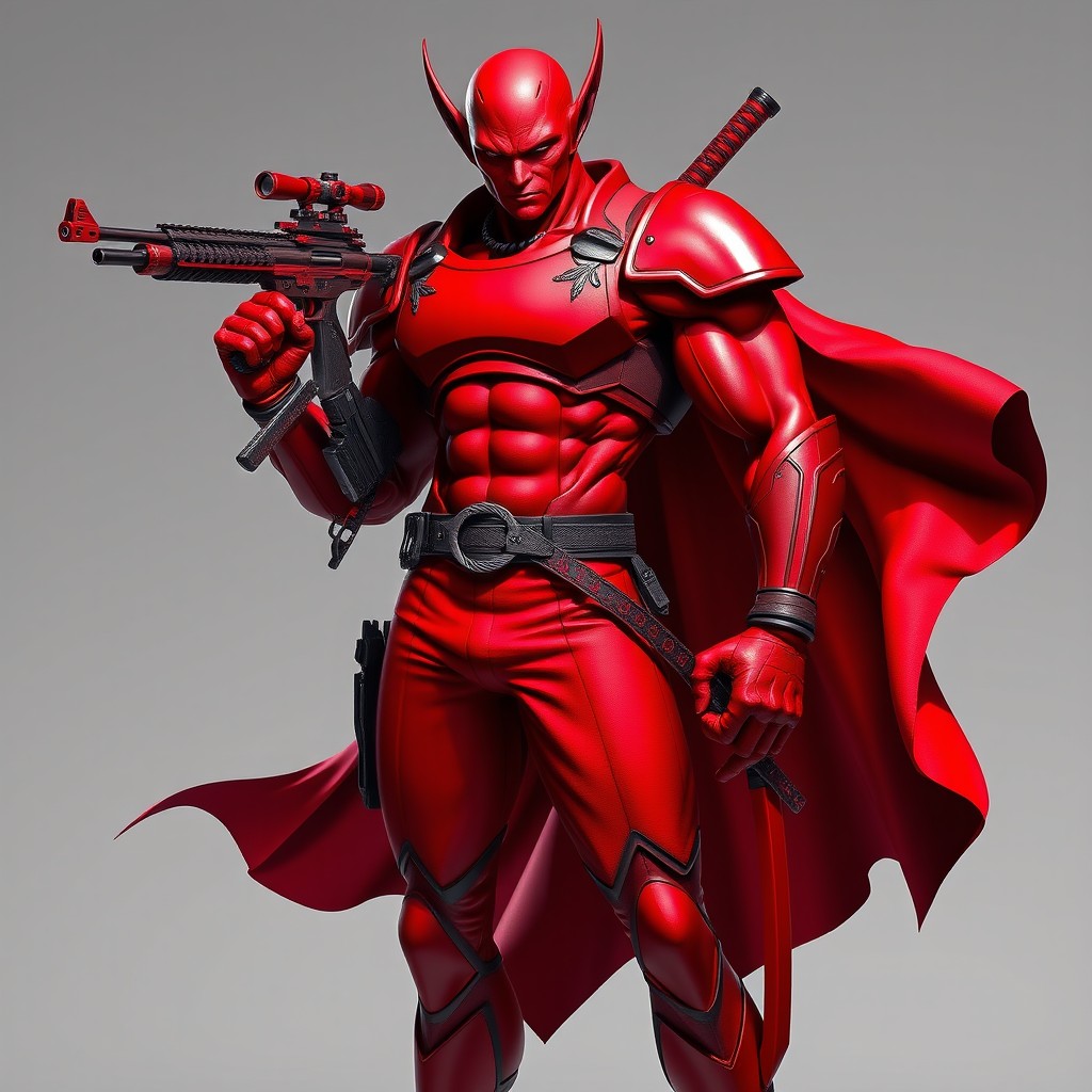 A unique character with striking red skin that signifies his otherworldly origins, showcasing a strong and powerful presence
