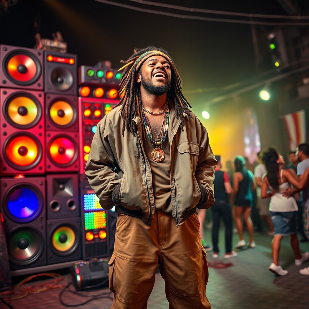 A Rasta man dressed as a gangster, standing confidently in front of a vibrant sound system, passionately singing
