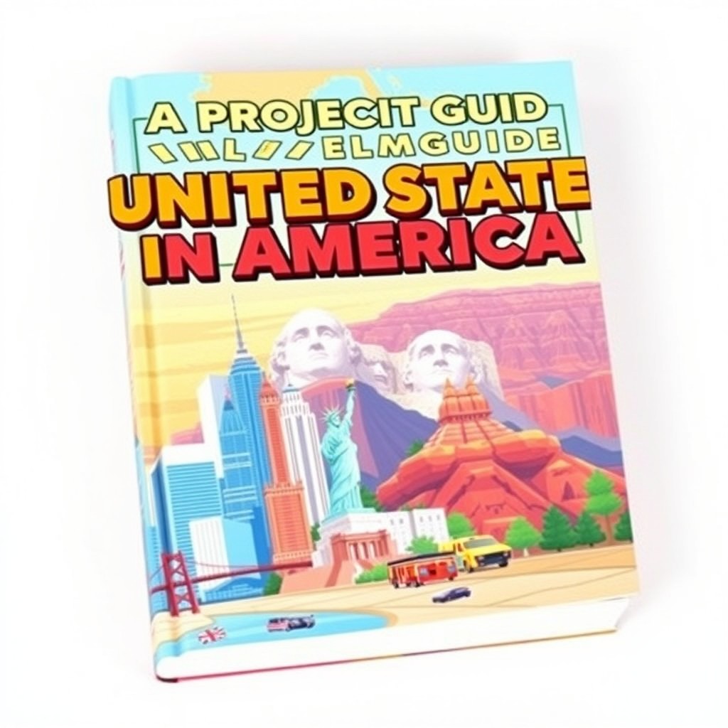 A vibrant and eye-catching book cover for 'A Project Travel Guide to the United States of America'