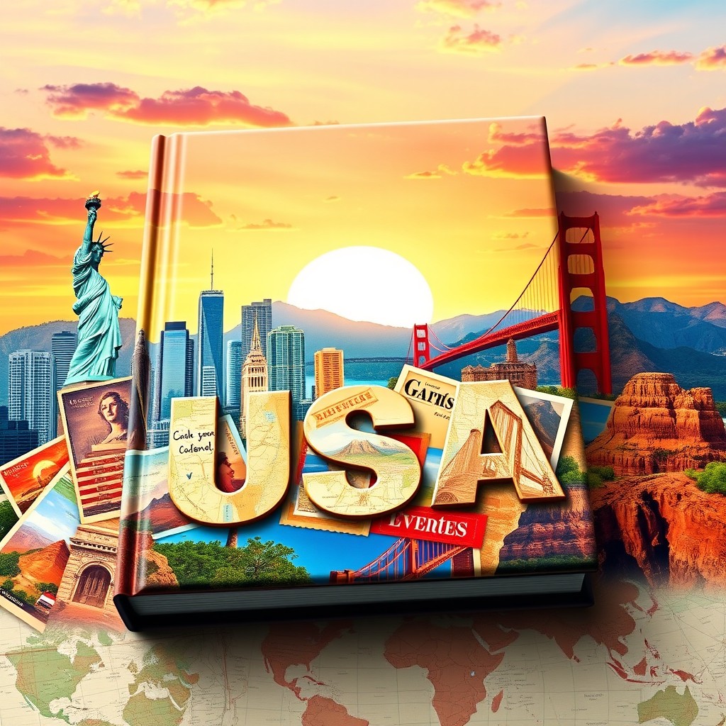 A stunning book cover featuring a collage of popular tourist sites in the USA, showcasing a harmonious blend of iconic landmarks such as the Statue of Liberty, the Golden Gate Bridge, and the Grand Canyon