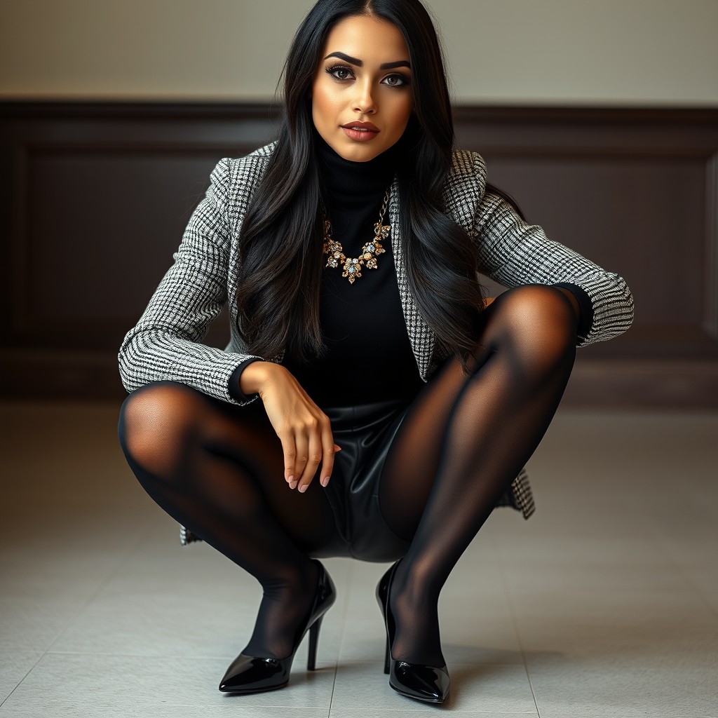 A full portrait of a young female lawyer crouching down on the floor, dressed in a stylish tweed jacket over a black turtleneck, paired with a chic leather pencil skirt and dark pantyhose