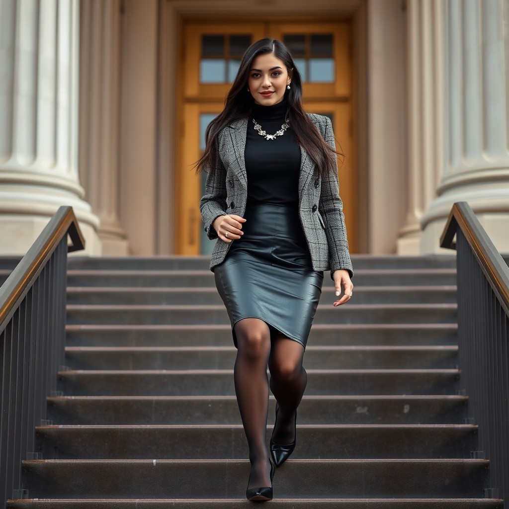 A full portrait of a young female lawyer gracefully descending the stairs of a courthouse