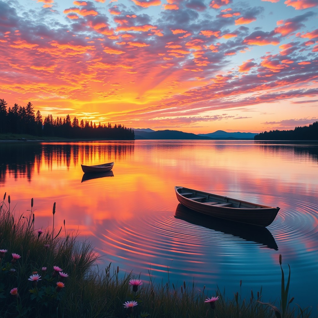 A serene landscape featuring a beautifully detailed sunset over a tranquil lake