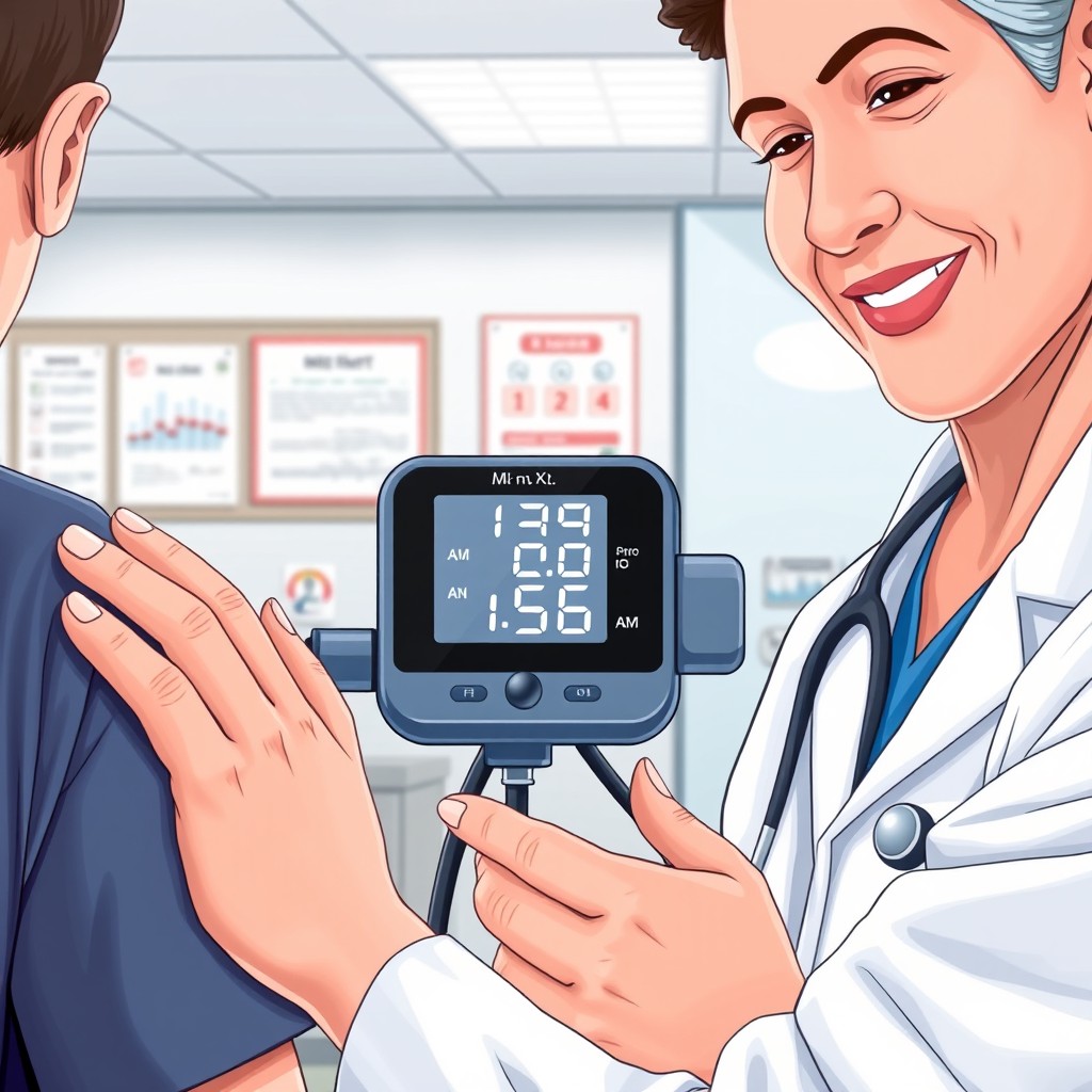 A detailed illustration of a medical scene focused on blood pressure measurement