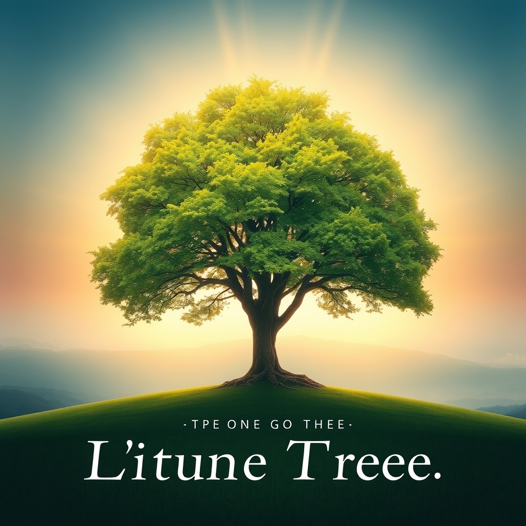 A serene landscape featuring a majestic tree as the focal point, surrounded by soft, radiant light