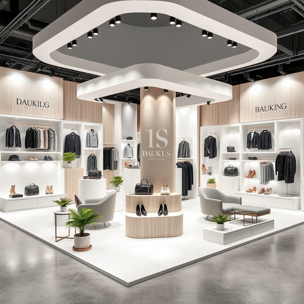 An intricate and functional 60 square meter booth design tailored for showcasing 12 distinct fashion brands