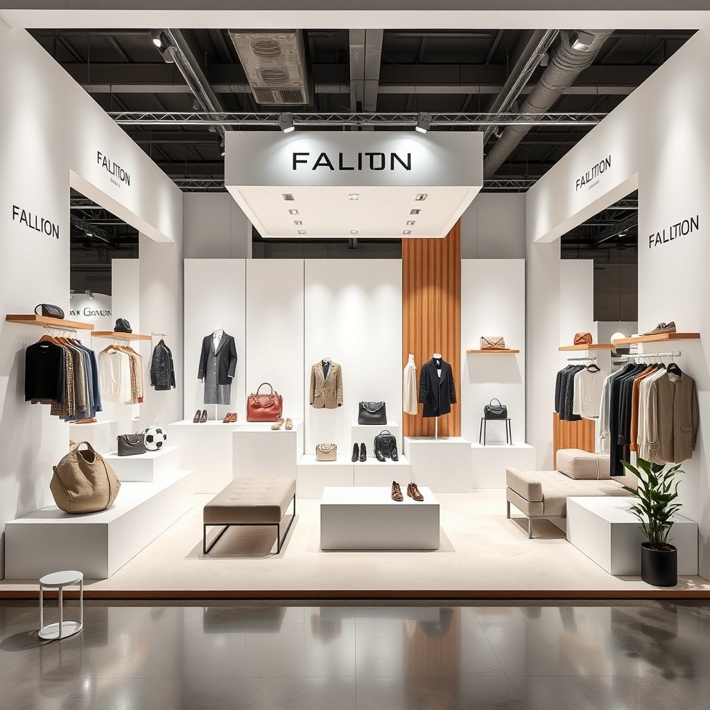 A contemporary and stylish 60 square meter booth design tailored for showcasing 12 unique fashion brands